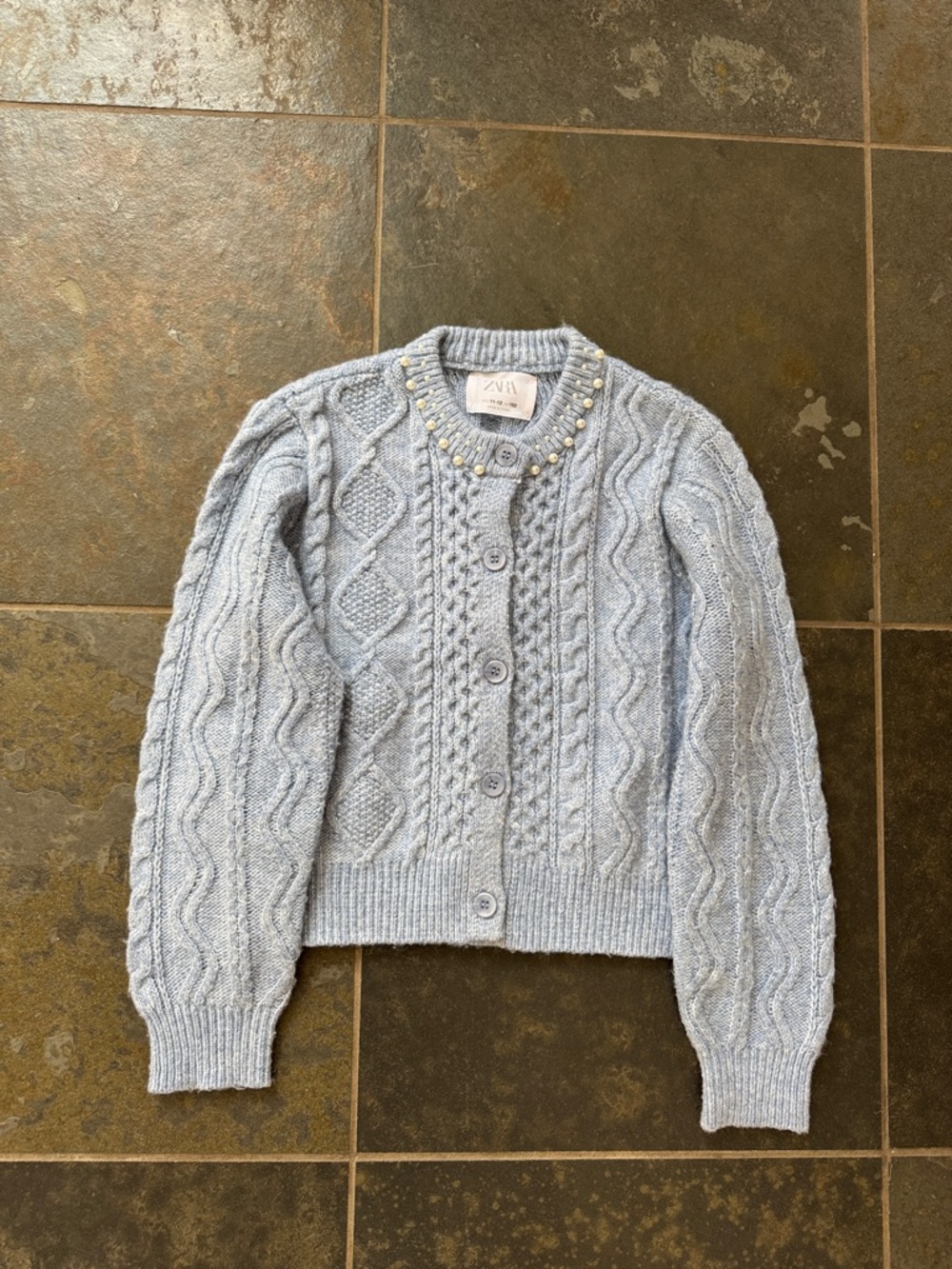 Zara Light Blue Cable Knit Cardigan with Beaded Collar